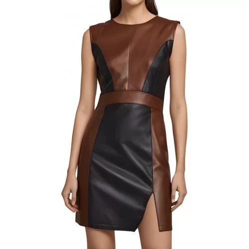 Robe mi courte en cuir d'agneau de deux couleurs noir et marron sans manches modèle Zorra