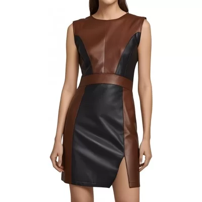 Robe mi courte en cuir d'agneau de deux couleurs noir et marron sans manches modèle Zorra