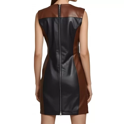 Robe mi courte en cuir d'agneau de deux couleurs noir et marron sans manches modèle Zorra