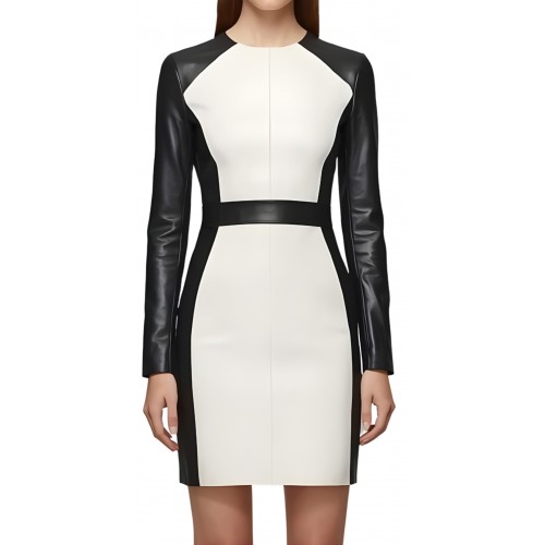 Robe mi courte en cuir d'agneau de deux couleurs noir et blanc manches longues modèle Abrikal