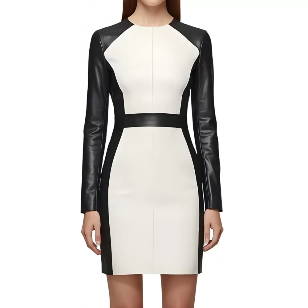 Robe mi courte en cuir d'agneau de deux couleurs noir et blanc manches longues modèle Abrikal