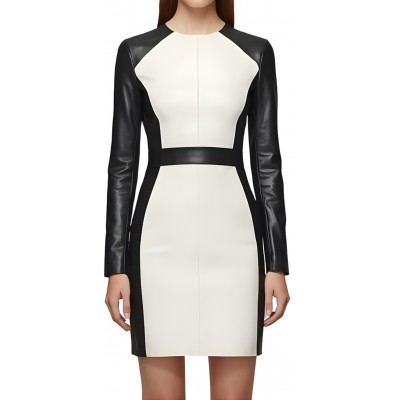 Robe mi courte en cuir d'agneau de deux couleurs noir et blanc manches longues modèle Abrikal