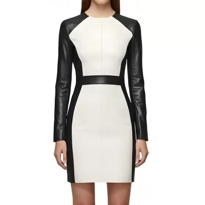 Robe mi courte en cuir d'agneau de deux couleurs noir et blanc manches longues modèle Abrikal
