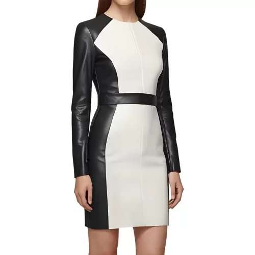 Robe mi courte en cuir d'agneau de deux couleurs noir et blanc manches longues modèle Abrikal