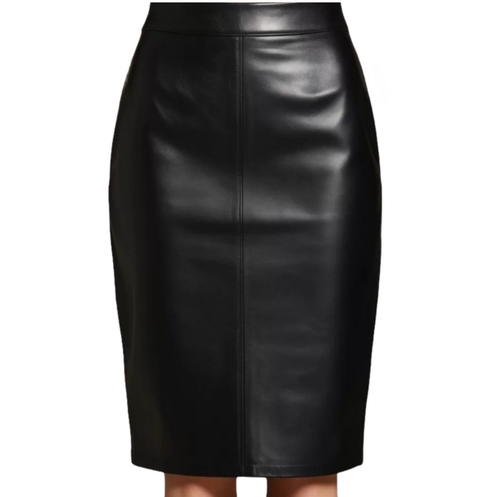 Jupe classique mi longue en cuir d'agneau noir modèle Miss