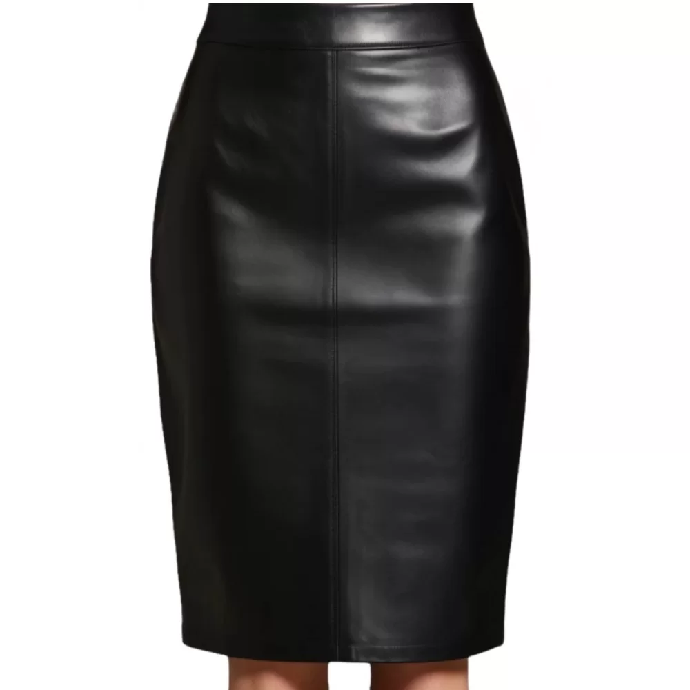 Jupe classique mi longue en cuir d'agneau noir modèle Miss