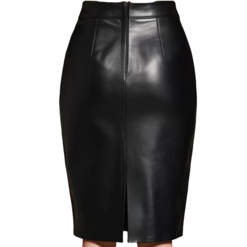 Jupe classique mi longue en cuir d'agneau noir modèle Miss