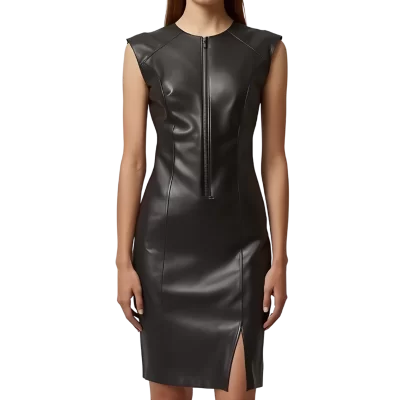 Robe mi longue en cuir d'agneau plongé noir sans manches modèle Pyla