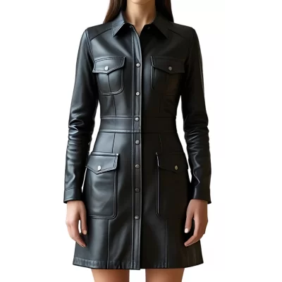 Robe mi longue en cuir d'agneau noir avec zip et poches sur l'avant et l'arrière modèle Baroudeuse