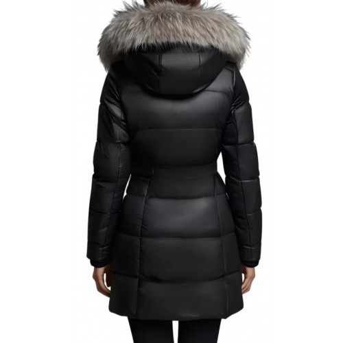 Doudoune trois quart femme en cuir d'agneau noir avec capuche amovible avec bords renard argenté modèle Xanlia