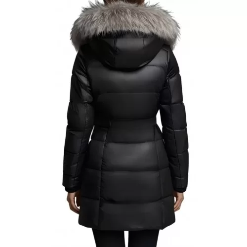 Doudoune trois quart femme en cuir d'agneau noir avec capuche amovible avec bords renard argenté modèle Xanlia