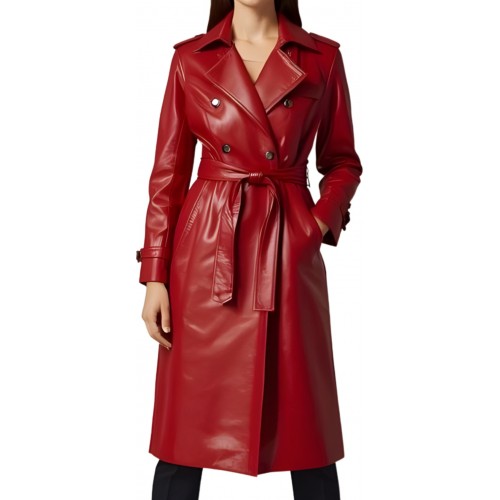 Trench manteau femme en d'agneau rouge double boutonnage et ceinture amovible modèle Anikalie