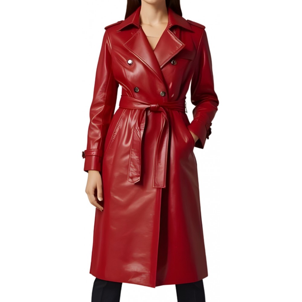 Trench manteau femme en d'agneau rouge double boutonnage et ceinture amovible modèle Anikalie