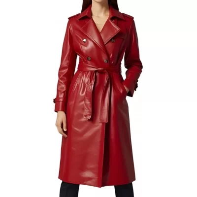 Trench manteau femme en d'agneau rouge double boutonnage et ceinture amovible modèle Anikalie