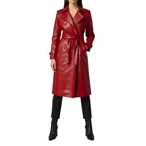 Trench manteau femme en d'agneau rouge double boutonnage et ceinture amovible modèle Anikalie