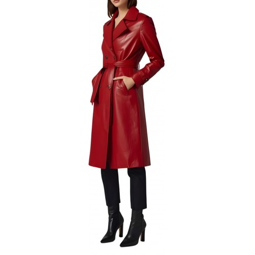 Trench manteau femme en d'agneau rouge double boutonnage et ceinture amovible modèle Anikalie