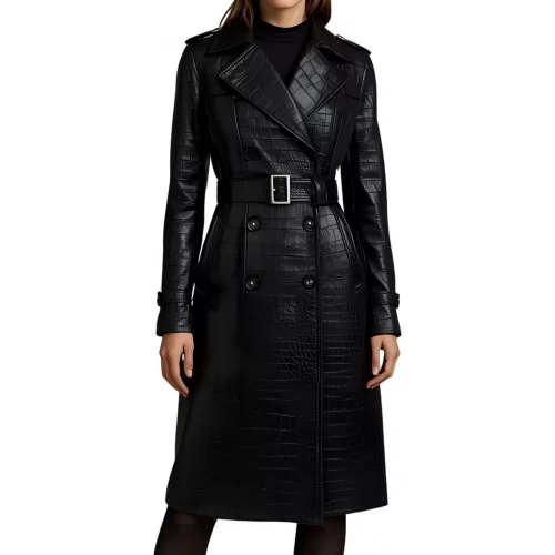 Trench manteau femme en cuir d'agneau impression crocodile noir double boutonnage modèle Craola