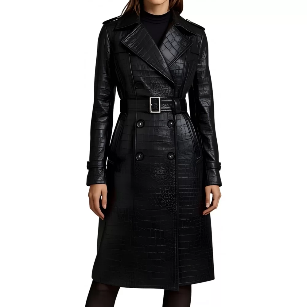 Trench manteau femme en cuir d'agneau impression crocodile noir double boutonnage modèle Craola