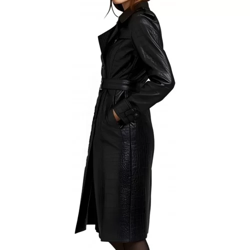 Trench manteau femme en cuir d'agneau impression crocodile noir double boutonnage modèle Craola