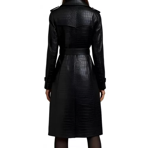 Trench manteau femme en cuir d'agneau impression crocodile noir double boutonnage modèle Craola