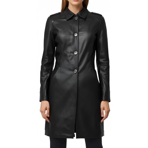 Trois quart femme en cuir d'agneau noir fermeture par boutons modèle Yvanéa