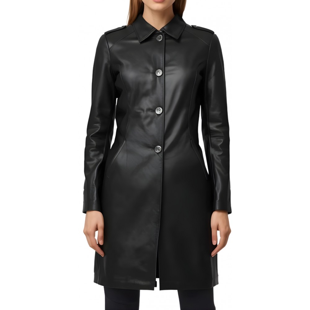 Trois quart femme en cuir d'agneau noir fermeture par boutons modèle Yvanéa