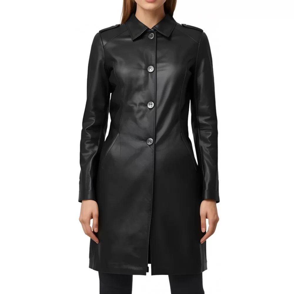 Trois quart femme en cuir d'agneau noir fermeture par boutons modèle Yvanéa