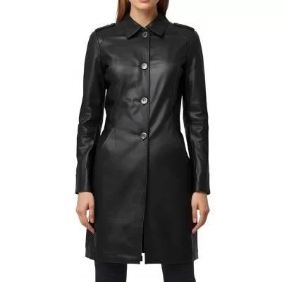 Trois quart femme en cuir d'agneau noir fermeture par boutons modèle Yvanéa