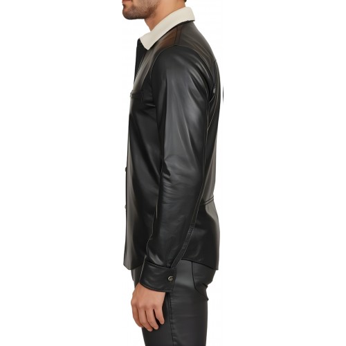 Chemise homme bicolore en agneaux noir et blanc  fermée par boutons pressions modèle Miralo