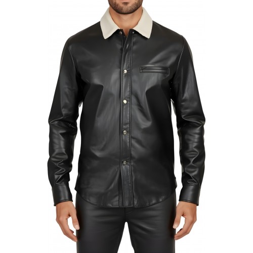 Chemise homme bicolore en agneaux noir et blanc  fermée par boutons pressions modèle Miralo