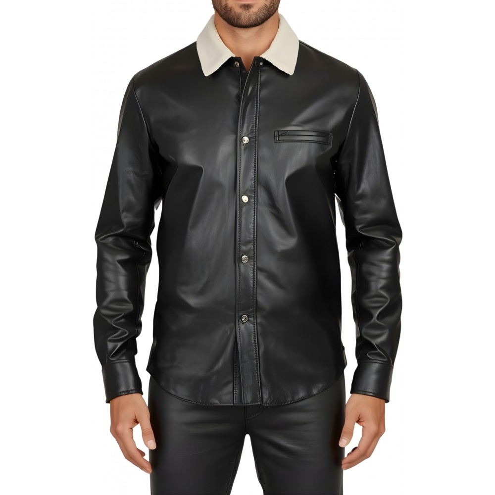 Chemise homme bicolore en agneaux noir et blanc  fermée par boutons pressions modèle Miralo