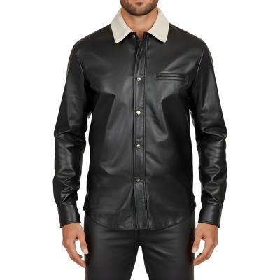 Chemise homme bicolore en agneaux noir et blanc  fermée par boutons pressions modèle Miralo