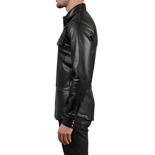 Chemise type western en agneau cuir noir modèle Paolora