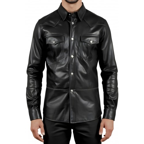 Chemise type western en agneau cuir noir modèle Paolora