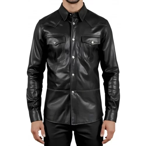 Chemise type western en agneau cuir noir modèle Paolora