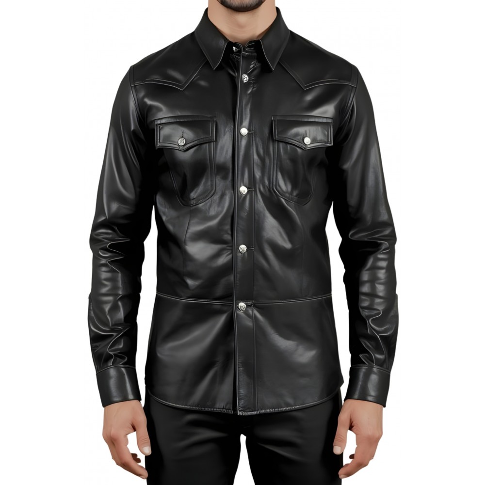 Chemise type western en agneau cuir noir modèle Paolora