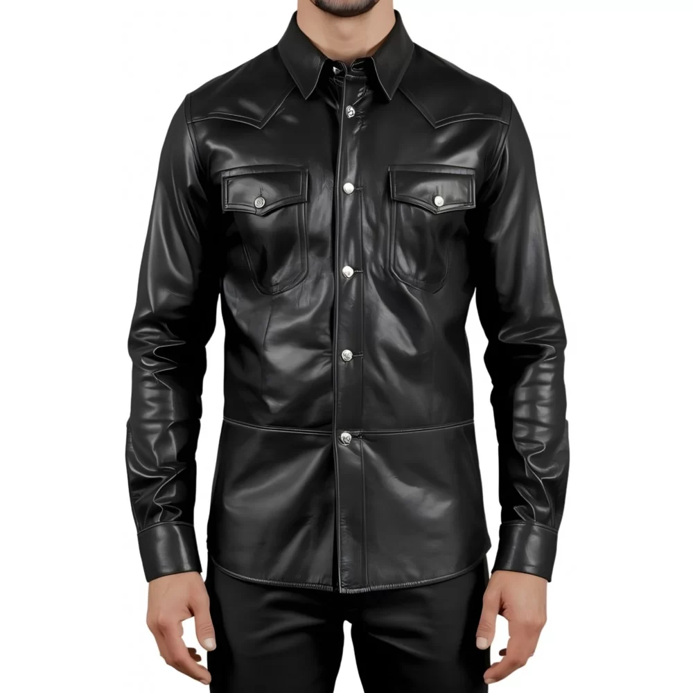 Chemise type western en agneau cuir noir modèle Paolora Chemise type western en agneau cuir noir modèle Paolora