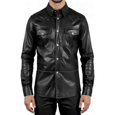 Chemise type western en agneau cuir noir modèle Paolora