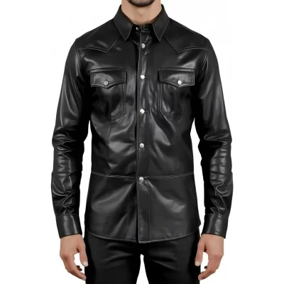 Chemise type western en agneau cuir noir modèle Paolora