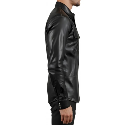 Chemise type western en agneau cuir noir modèle Paolora