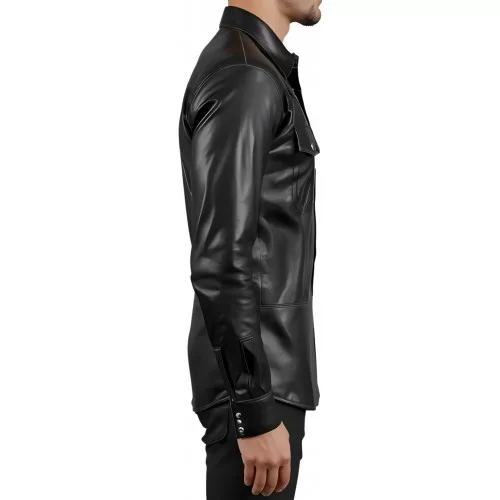 Chemise type western en agneau cuir noir modèle Paolora