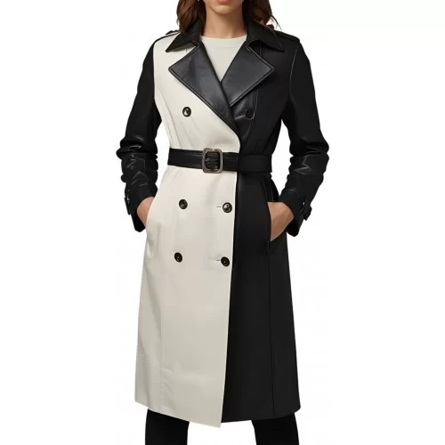 Trench manteau femme en cuir d'agneau bicolore noir et blanc ceinture cuir double boutonnage modèle kirella