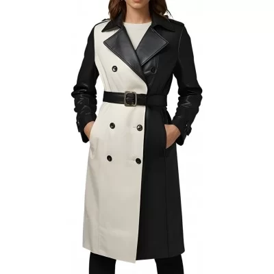 Trench manteau femme en cuir d'agneau bicolore noir et blanc ceinture cuir double boutonnage modèle kirella