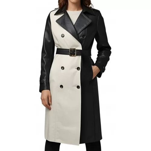 Trench manteau femme en cuir d'agneau bicolore noir et blanc ceinture cuir double boutonnage modèle kirella
