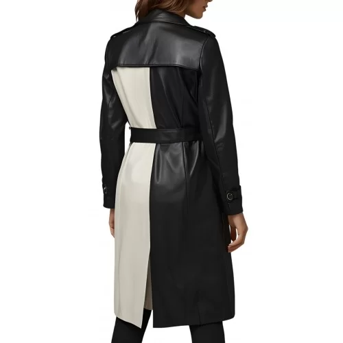 Trench manteau femme en cuir d'agneau bicolore noir et blanc ceinture cuir double boutonnage modèle kirella