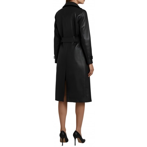 Trois quart classique femme en cuir d'agneau noir fermeture par boutons et ceinture en cuir modèle Palomane