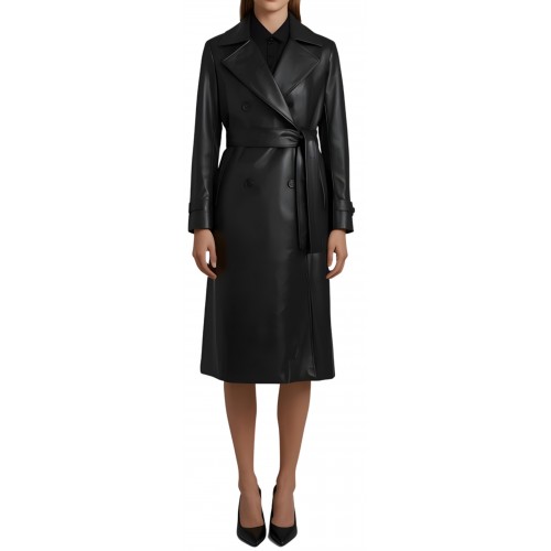 Trois quart classique femme en cuir d'agneau noir fermeture par boutons et ceinture en cuir modèle Palomane