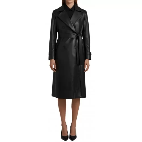 Trois quart classique femme en cuir d'agneau noir fermeture par boutons et ceinture en cuir modèle Palomane