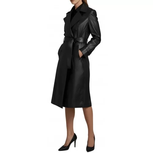 Trois quart classique femme en cuir d'agneau noir fermeture par boutons et ceinture en cuir modèle Palomane