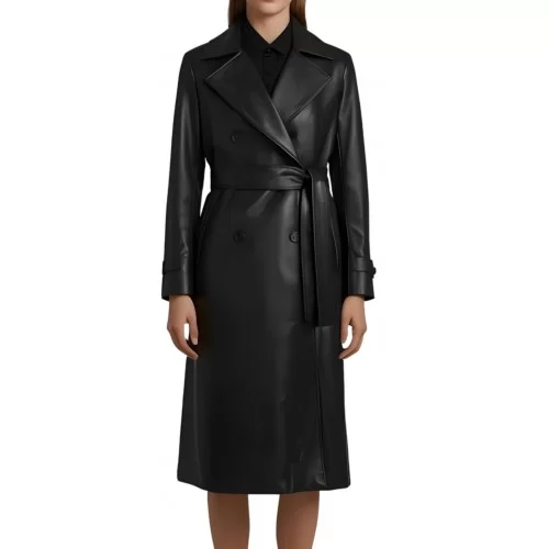 Trois quart classique femme en cuir d'agneau noir fermeture par boutons et ceinture en cuir modèle Palomane